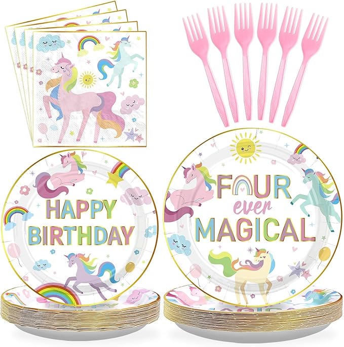 Grencian 96pc Unicorn 4th Birthday Party Supplies Magical Pastel Rainbow Unicorn Plates Napkins Forks Serves 24