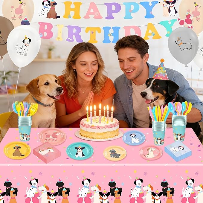 185 Pcs Pet Dog Birthday Party Decorations, Pet Dog Birthday Party Supplies Retro Puppy Themed Paper Plates Napkins Disposable Vintage Dog Tableware Set Serves 24, for Kids Birthday Baby Shower Decor