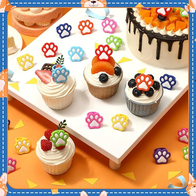 48 Pcs Paw Dog Cupcake Rings Toppers Decorations Orange Blue Red Yellow Paw Dog Theme Birthday Cupcake Rings Decorations for Puppy Baby Shower Party Supplies(White, Black)