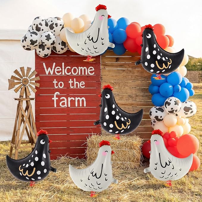 6 PCS Walking Chicken Balloons, Aluminum Foil Chicken Party Decorations White and Black Chicken Walking Balloons for Birthday Baby Shower Farm Animal Theme Party, 20 Inch