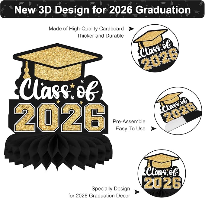 8 Pieces Class of 2025 Graduation Table Decorations - 2025 Congrats Grad Honeycomb Centerpieces, Black and Gold Graduation Table Toppers Decor for 2025 Graduation Party Decorations Favor Supplies