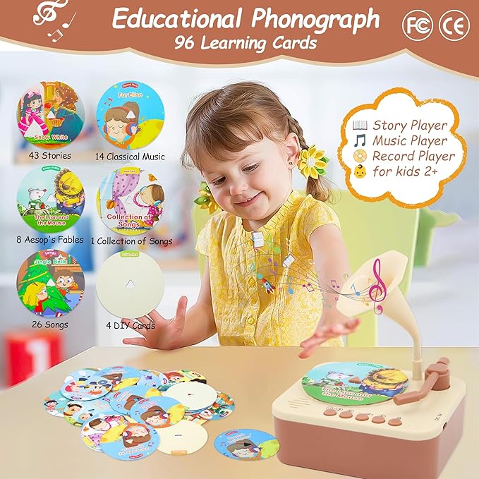 Kids Record Player, Kids Phonograph with 99 Cards, Story Telling & Songs & DIY Record, Toddler Music Toys Ideal for Boys Girls 3 4 5 Year Old