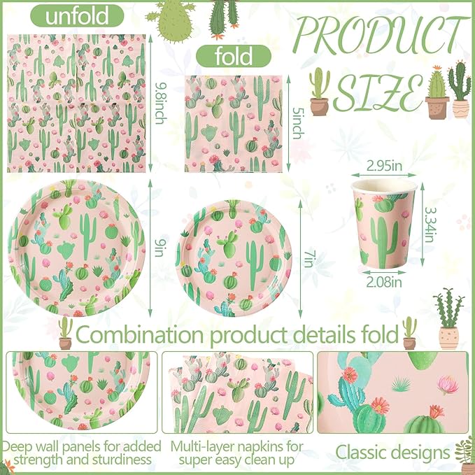 Hsei 250 Pcs Cactus Plates and Napkins Party Decorations Disposable Tableware Sets Summer Birthday Party Supplies Serves 50 Guests Dinnerware Bridal Shower Holiday Party Favors