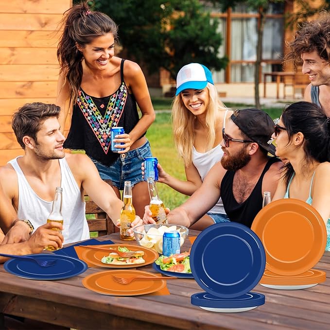 200 Pcs Orange and Blue Birthday Decorations Dart War Party Supplies Orange Blue Paper Plates and Napkins Tableware Set for Baby Shower Party Favors for 50 Guests