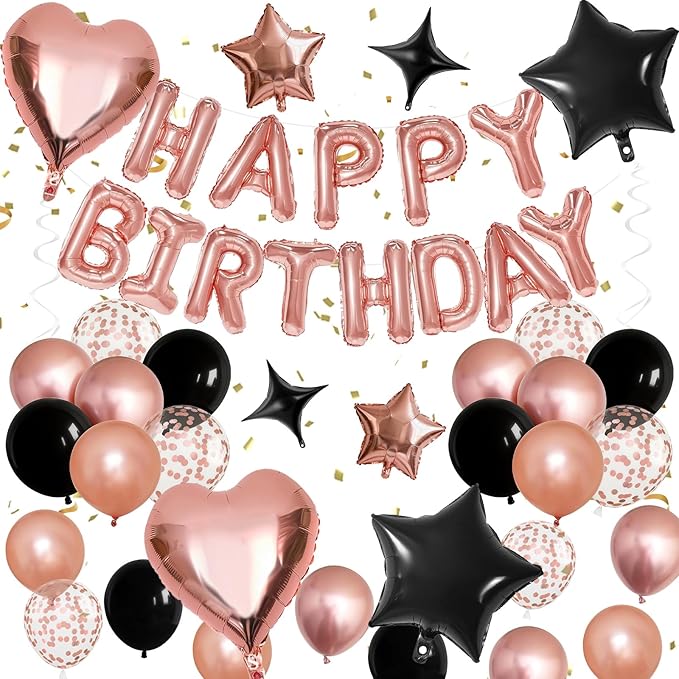 Rose Gold and Black Birthday Decorations for Women Black Pearl Rose Gold Metallic Party Balloons Confetti Balloon Happy Birthday Banner Heart Balloons 18/10 Inch Star Balloon for Bday Party Supplies