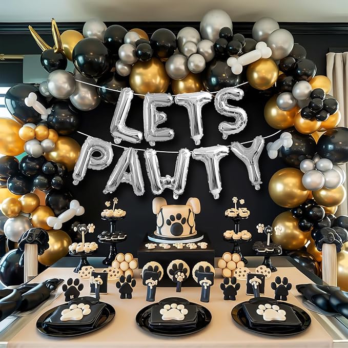 Lets Pawty Balloons Banner 40 Inch,Silver Dog Birthday Decorations,Paw Foil Letter Balloon for Dogs Paw Pet Puppy Theme Party Supplies