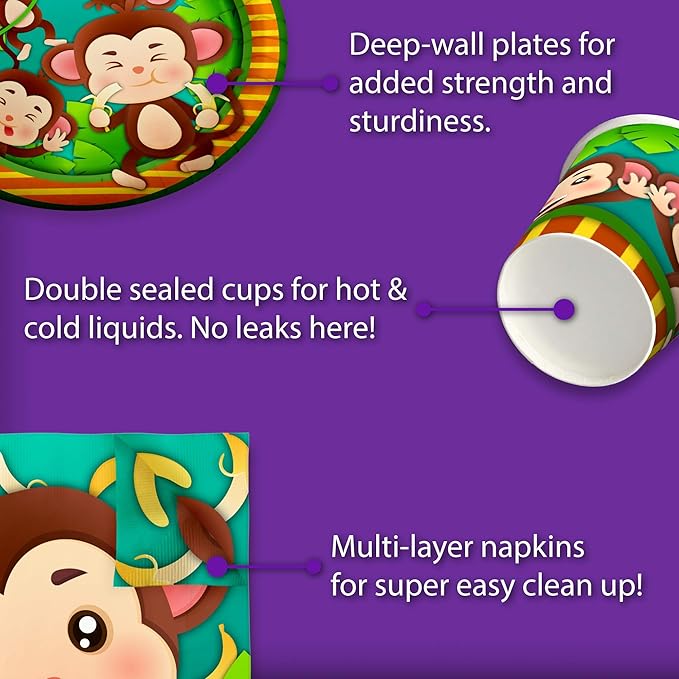 Monkey Birthday Party Supplies - Jungle Animal Party Supplies - Zoo Animal Party Supplies | Tableware Set Includes Plates, Napkins and Cups | Kit for 16
