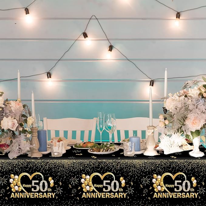 3pcs Happy 50th Anniversary Tablecloths Black Gold Table Covers 50th Wedding Anniversary Party Supplies for Parents Cheer to 50 Years Party Decorations and Plastic Disposable Favors,108*54 inch