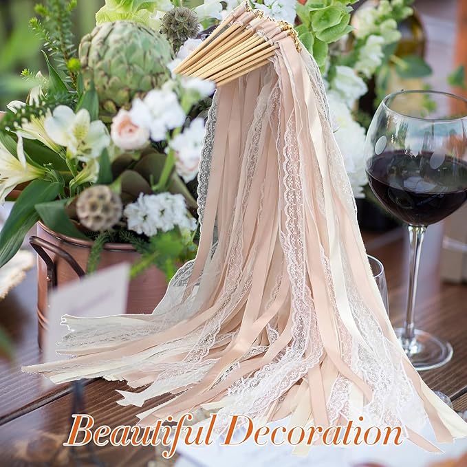 50Pcs Ribbon Sticks Wands Streamers with Bells Silk Fairy Lace Stick Party Ribbon Streamers for Wedding Party, Birthday and Holiday Activities-Champagne