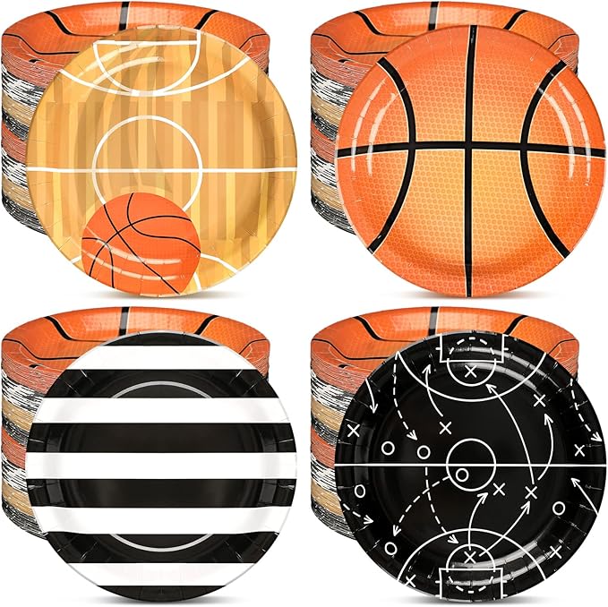 Qinyoung 100 Pcs Basketball Paper Plates 9" Disposable Birthday Party Plates Dinner Dessert Tableware Supplies for Basketball Sports Themed Birthday Game Day Party Decorations, Serves 50(Mixed Colors)