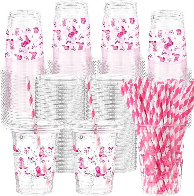Yungyan 50 Sets Pink Cowgirl Plastic Cups with Lids and Straws 16 oz Disco Cowgirl Coffee Juice Drinking Cups for Western Party Decoration Wedding Birthday Bachelorette Party Supplies