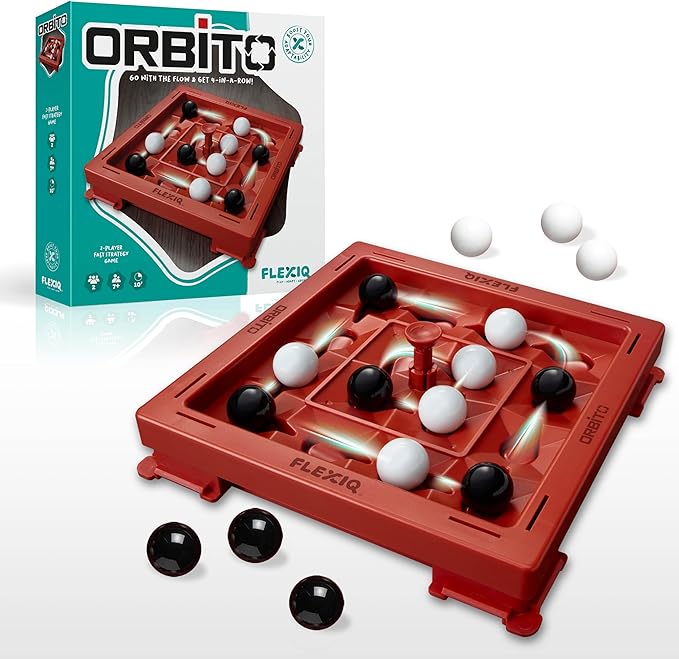 Orbito from Flex IQ, 2 Player Strategy Games for Family Gatherings, Great for Kids Games, Includes 1 Game Board with Orbito Button, 8 White Marbles and 8 Black Marbles