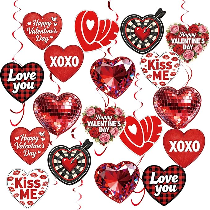 48 Pcs Red Heart Hanging Decor Set with Diamond, Disco Ball, Dartboard & XOXO Designs – Romantic Swirl Streamers for Valentine's Party, Anniversary, Holiday Celebration