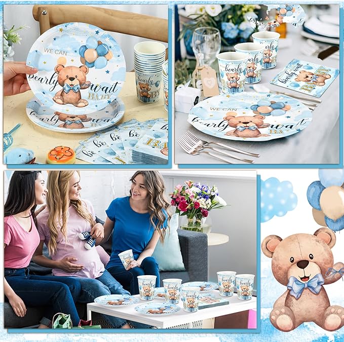 Hushee 200 Pcs Blue Bear Baby Shower Paper Plates Napkins Cups Baby Shower Party Supplies Tableware Set Bear Theme Disposable Cup Napkin for 50 Guest Boy Sets Spring Party Decoration Boy Girl