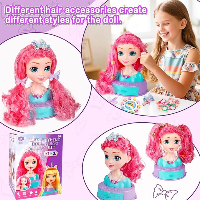4-in-1 Doll Head for Hair Styling Kids-9Inch,41pcs Hair Salon Toys Makeup Kit Princess Accessories Pretend Play Toys Birthday Gifts for 3-8 Year Old Girls
