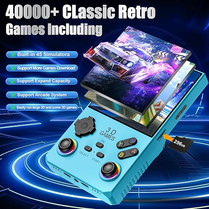 2026 V40MAX Upgraded Retro Handheld Game Console, Built in 40,000+Classic Games, 40+Simulators, Linux System, 4.0-inch 4K HD IPS Screen Video Player, 256GB, Portable Pocket Arcade Console (Sky Blue)