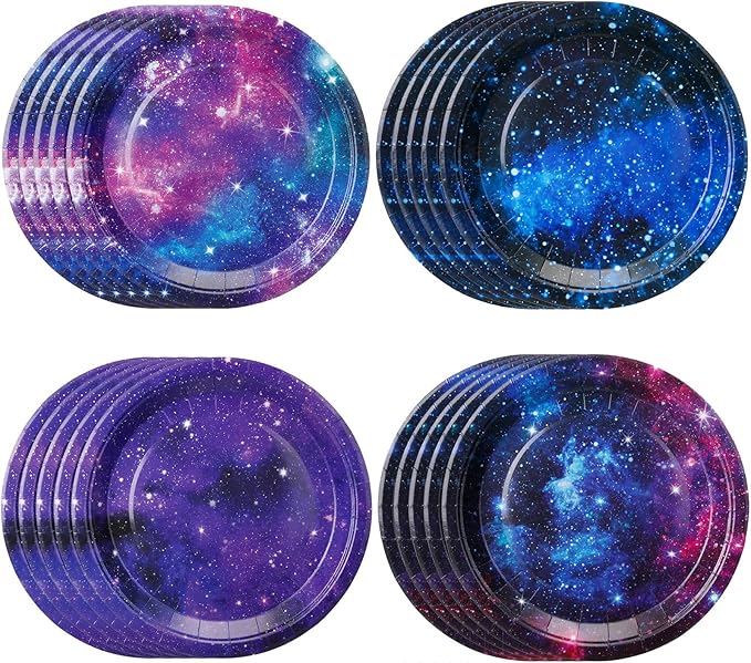60 Pcs Galaxy Party Plates 9 Inch Astronaut Outer Space Paper Plates Starry Night Sky Birthday Party Supplies for Baby Shower Galaxy Planet Decoration
