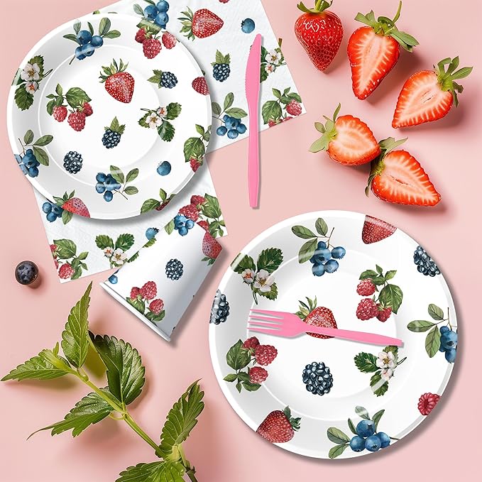 Berry Party Decorations Tableware - Blueberry Strawberry Birthday Party Supplies, Paper Plate, Cup, Napkin, Fork, Berry Sweet Birthday Baby Shower Table Decorations Dinnerware | Serve 24