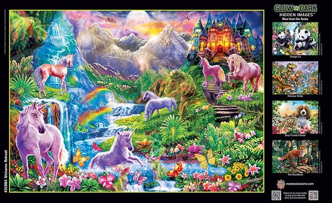 MasterPieces - 500 Piece Jigsaw Puzzle, Glows in the Dark, Hidden Images, Unicorns Retreat, Fun for Adults, Family, Kids, 15" x 21"