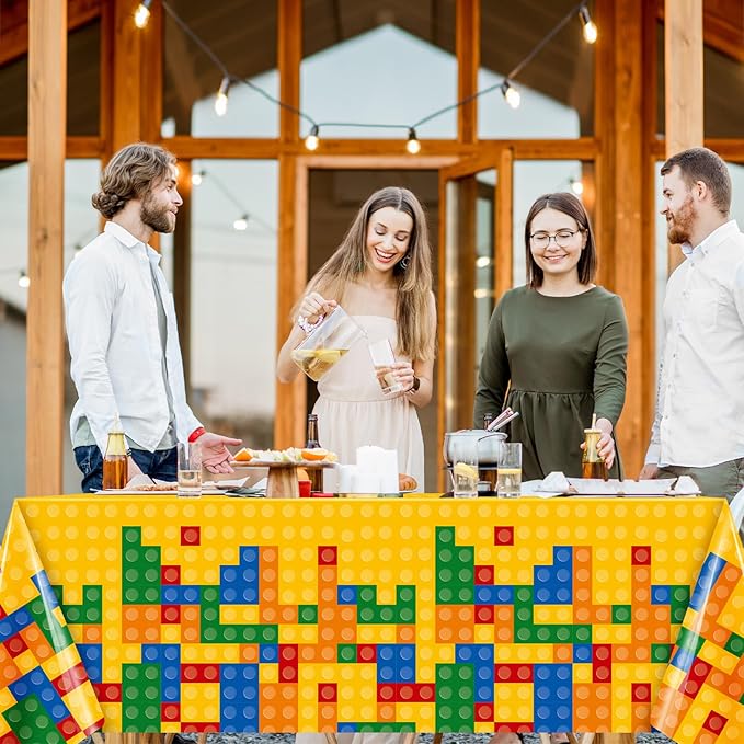 Oudain 4 Pcs Building Block Tablecloths Colorful Building Blocks Birthday Party Decorations 54 x 108 Inch Disposable Plastic Brick Table Cover Waterproof Brick Themed Party Supplies (Yellow,Blue)
