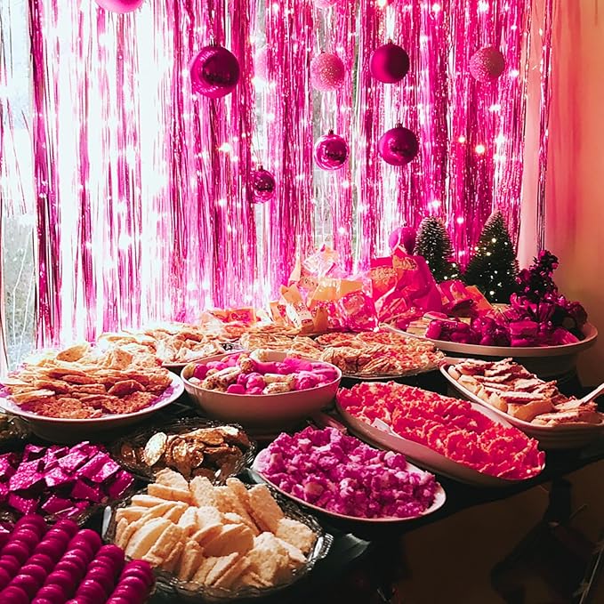PartyWoo Hot Pink Foil Fringe Curtain Red Rose Streamers 3pcs 8.2ft Magenta Tinsel Backdrop Dark Pink Curtains for Birthday Barbie Theme Galentines Bachelorette Tequila Sunrise Party Decorations