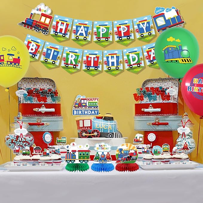 Train Party Decorations , Includes Happy Birthday Banner, Cake Toppers, Birthday Backdrop, Train Stickers, Balloons, Honeycomb Centerpieces, for Train Party Vehicle Party Supplies