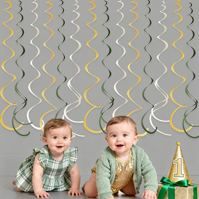 36Pcs Sage Green Gold Hanging Swirl Decorations Glitter Gold Olive Green Beige Felt Swirl Streamer Spiral Ceiling Garland for Wild One Jungle Woodland Safari Neutral Birthday Baby Shower Wedding Party