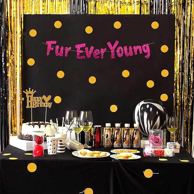 Pre-Strung Furever Young Pink Glitter Banner - Funny Birthday Decorations for Men and Women - Party Supplies and Gifts