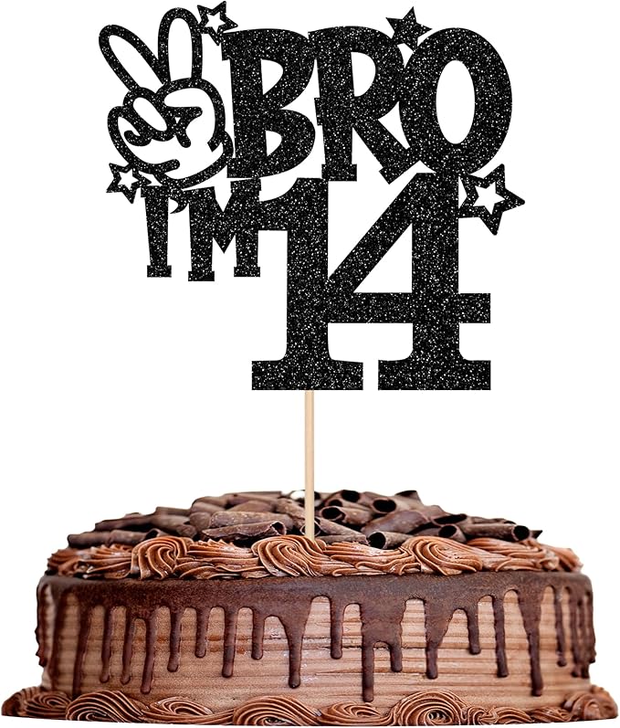 1 PCS Brother I'm 14 Cake Topper Glitter Star Happy 14th Birthday Cake Pick Bro I'm 14 Cake Decoration It's My 14th Birthday Decorations for Boys Cheers to 14 Years Old Birthday Party Supplies Black