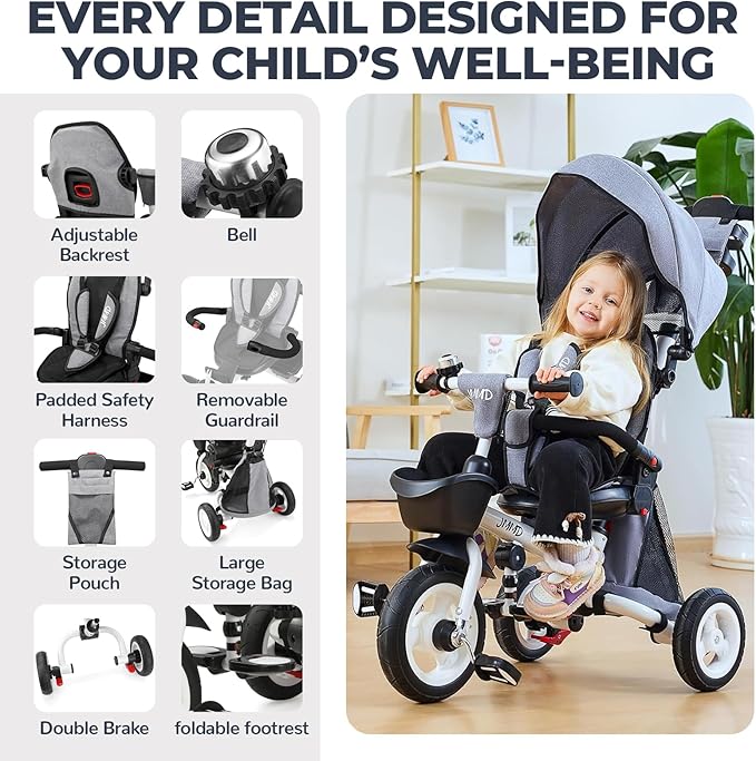 JMMD 8 in 1 Tricycle Stroller with Push Handle, Foldable Trike with 360° Swivel Seat, Reclining Backrest, All-Terrain Wheels, Dual Brakes, Canopy & Storage, Gift for Kids 18 Months to 5 Years, Gray