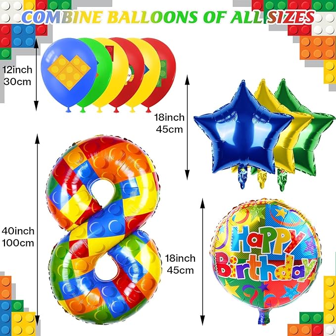 40 Inch Building Block Number Balloon, Colorful Number Block Foil Balloons Large Big Numbers Helium Balloon for Girls Boys 8th Birthday Brick Theme Party Decorations (Number 8)