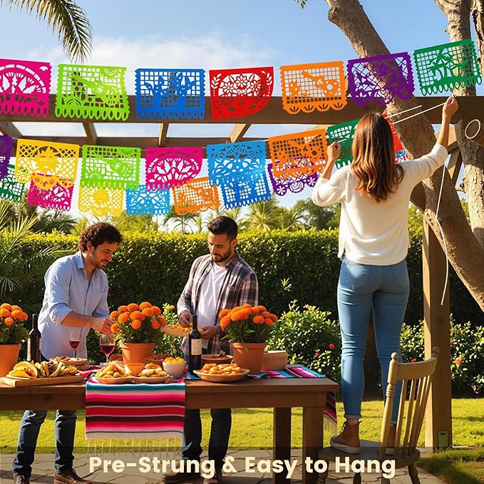 DomeStar 5PCS Mexican Party Banners, 18 Feet Plastic Fiesta Banner Cinco de Mayo Dia De Los Muertos Decor Day of the Dead Papel Picado for Mexican Party Supplies