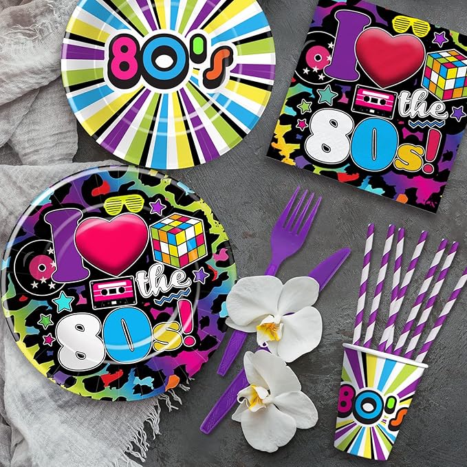 80's Party Decorations Tableware - 80's Theme Party Supplies, 80s Decorations Dinnerware, Paper Plates, Napkins, Tablecloth, Forks, 80s Birthday Party Decorations and Supplies | Serve 24