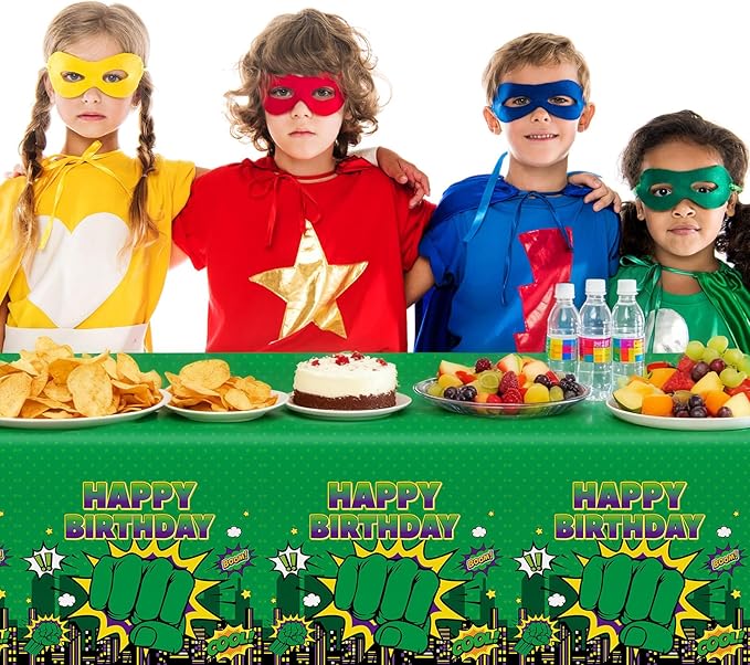 3 Pcs Green Hero Birthday Party Supplies Super Theme Birthday Tablecloths Cartoon Green Hero Table Covers for Kid City Cityscape Theme Bday Baby Shower Table Party Decoration 54 x 108 Inch