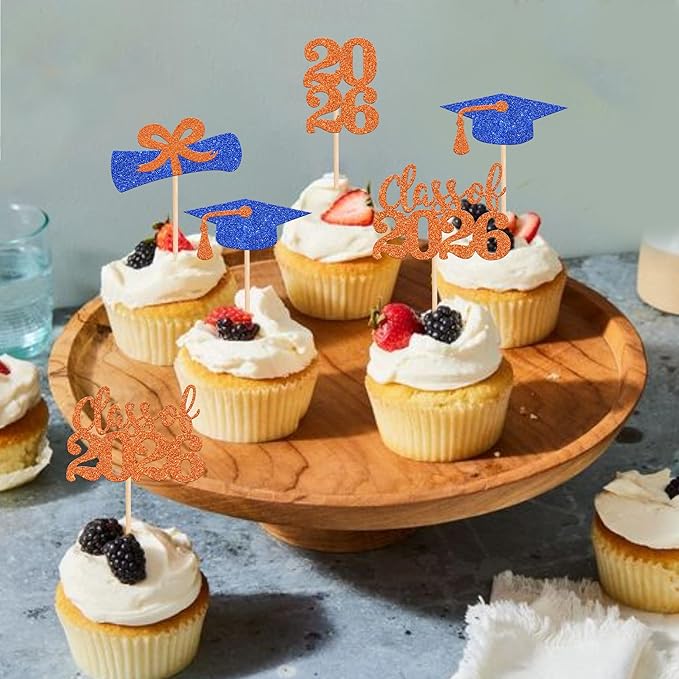36 PCS Glitter 2026 Graduation Theme Cupcake Toppers Diploma Class of 2026 Graduation Cap Cupcake Picks for Class of 2026 Graduate Theme Party Cake Decorations Supplies Blue Orange