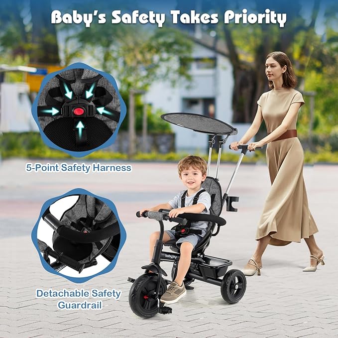 BABY JOY Toddler Tricycle, 7 in 1 Push Trike w/Adjustable Canopy, Parent Push Handle, Seat & Footrests, 5-Point Safety Harness and All-Terrain EVA Wheels, Kids Stroller Bike for 9-60 Months (Gray)