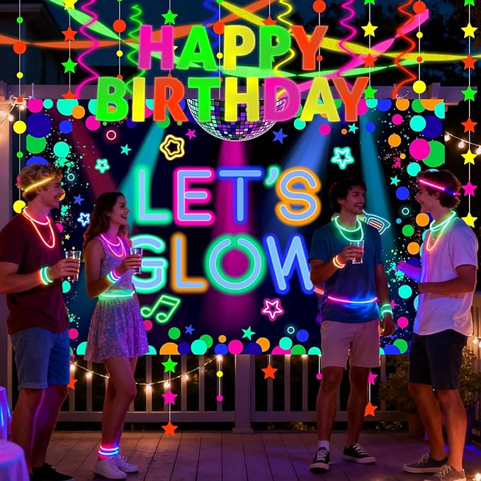 Glow in the Dark Party Supplies - Let’s Glow Backdrop, UV Banner, Balloons, Paper Streamers, Neon Garland for Blacklight Neon Birthday Party Decorations