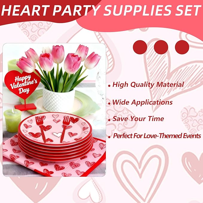 100 Pcs Valentine’s Day Heart Tableware Party Supplies Set, Serves 25 – Disposable Pink & Red Heart Paper Plates, Napkins, and Forks for Romantic Dinner, Bridal Shower, Love-Themed Party Decorations