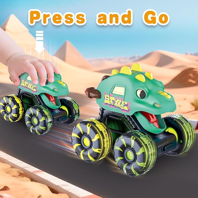 3 Pack Dinosaur Monster Truck Toys with Light-Up LED Wheels for Toddlers Kids