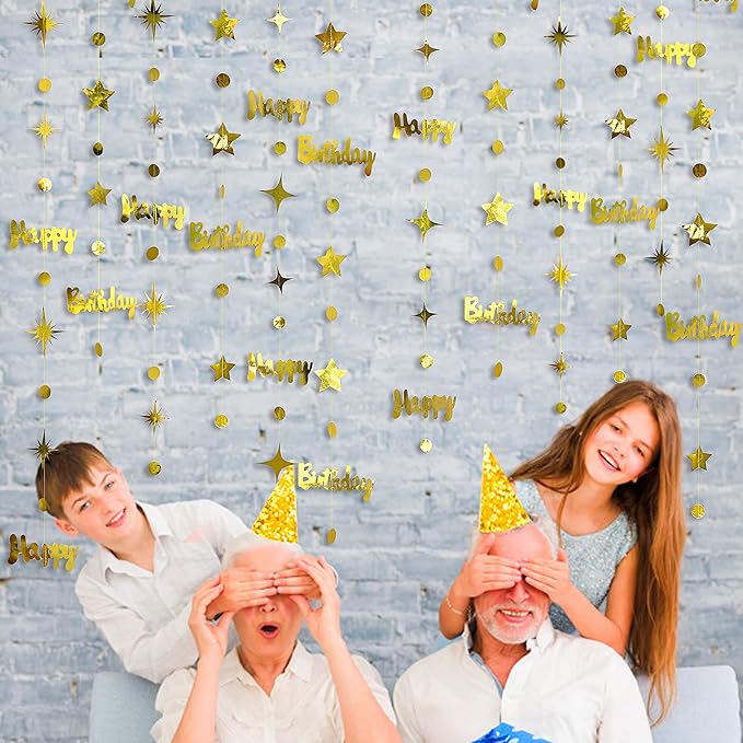 Gold Happy Birthday Decorations Happy Birthday Circle Dot Twinkle Star Garland Metallic Hanging Streamer Bunting Banner Backdrop for 1st 13th 16th 21st 30th 40th 50th 60th Birday Party Supplies