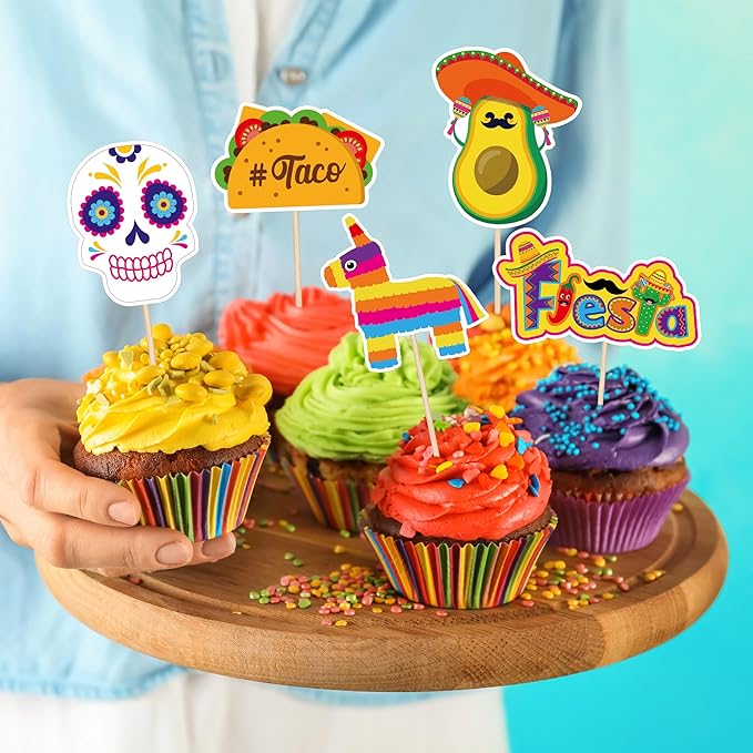 24 PCS Cinco De Mayo Decorations, 12 Style Fiesta Cake Toppers, Cocktail Guitar Chili Design Cinco De Mayo Cupcake Toppers Mexican Toothpicks, Taco Party Decorations Mexican Decor for Fiesta Party