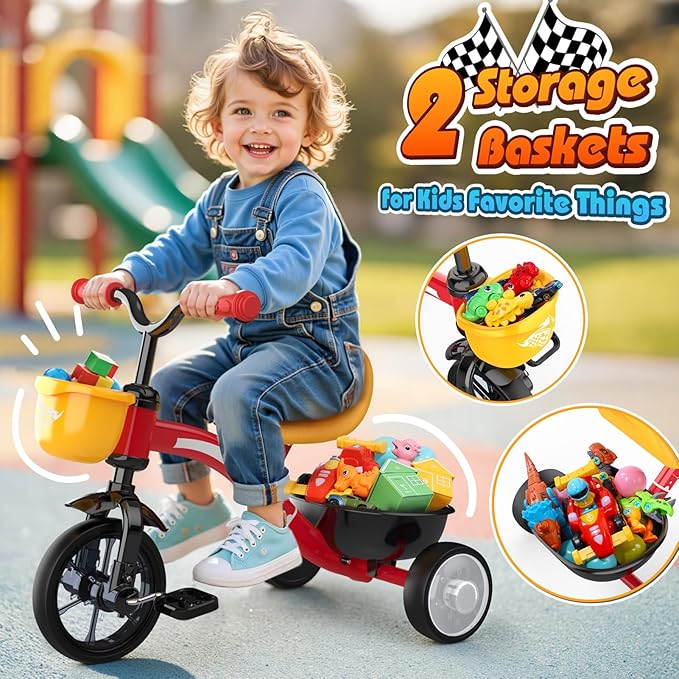 Toddler Tricycle for 1-3 3-5 Year Olds, 2 3 4 5 Year Old Boys Girls Birthday Gifts, Toddler Baby Bike, Outdoor Toys for Ages 2-4, 4-Level Adjustable Seat, 3 Colorful Lighting Wheels, 2 Baskets