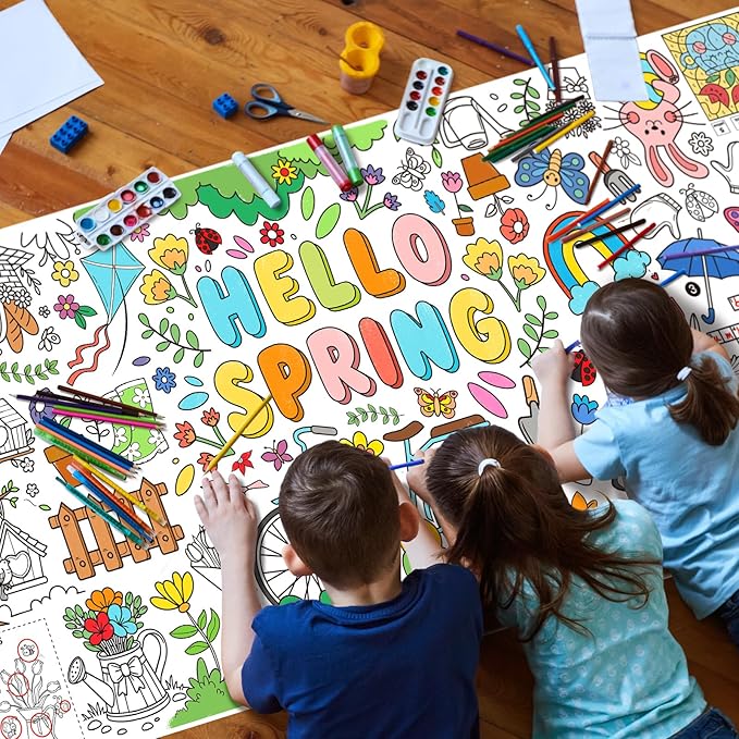 Gatherfun Hello Spring Giant Coloring Poster for Classroom - 31.5x72 Versatile Spring Activity Poster/Table Cover for School Parties,Birthday & Special Events Decoration
