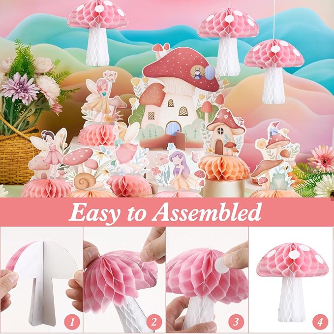SUNBEAUTY 12 PCS Fairy First Birthday Decoration Fairy Centerpieces for Tables Mushroom Honeycomb Centerpieces Butterfly Flowers Birthday Party Decorations for Spring Garden Baby Shower