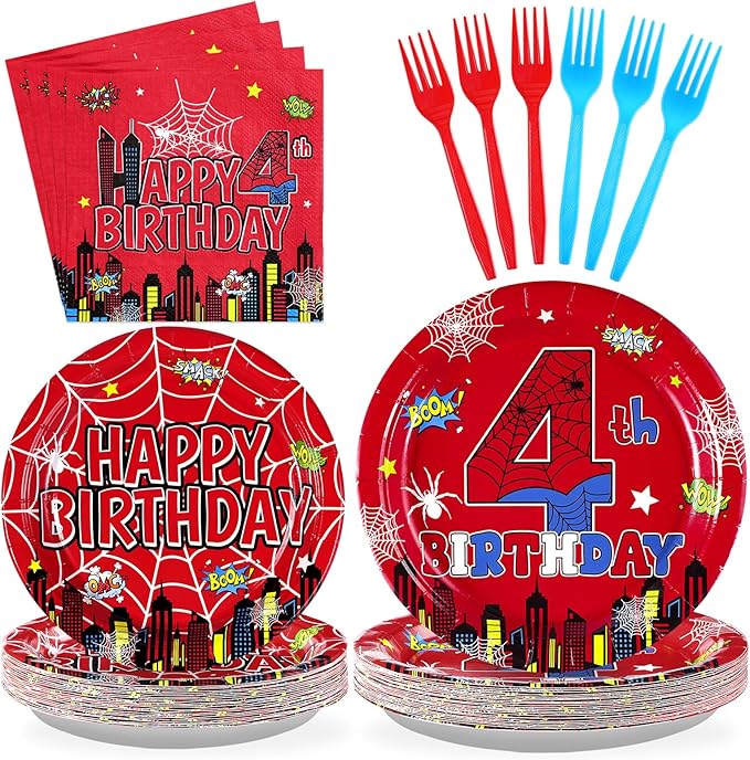 Grencian 96Pcs Spider 4th Birthday Party Supplies Red Blue Spider 4th Birthday Plates Disposable Cartoon Super Theme Hero Paper Tableware Set for Boys Kids Spider 4 Year Old Party Decorations Serve 24