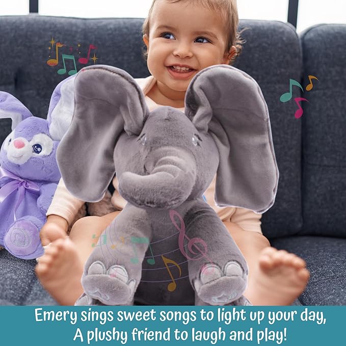 Dimple Emery Peek A Boo Elephant Toy, Interactive Singing Stuffed Elephant Plush with Moving Ears, Musical Stuffed Animal for Babies and Toddlers, Adorable Baby Toy - Adorable Gift for Grandchild