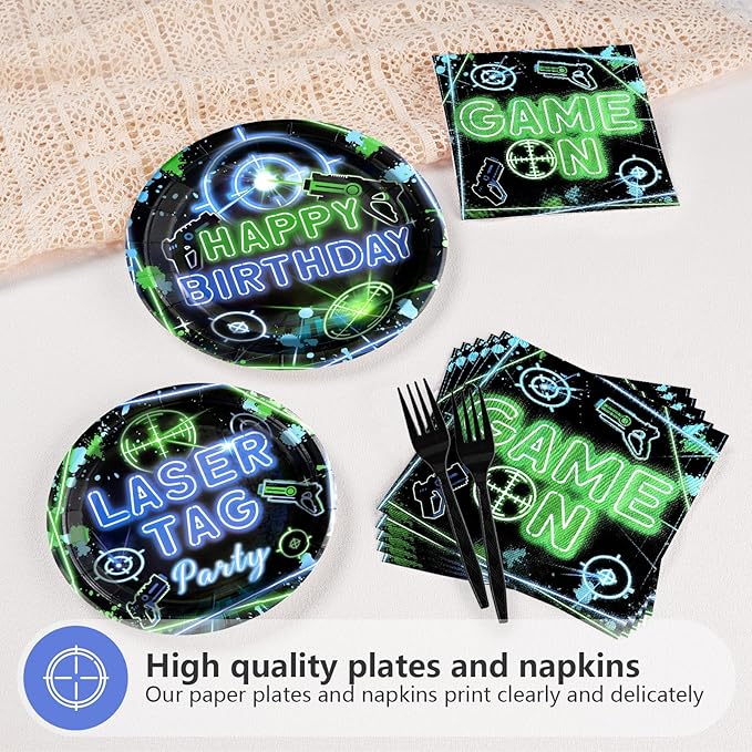 Grencian 96PCS Laser Tag Birthday Party Decorations Set - Green, Blue Laser Party Plates, Disposable, Serves 24