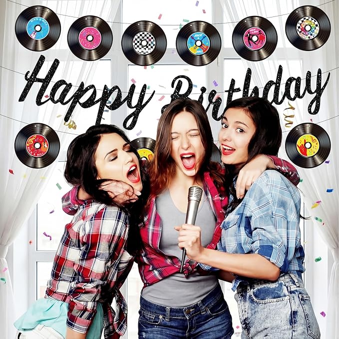 3 Pcs Rock and Roll Birthday Party Decorations - Vinyl Records Birthday Banners, Retro Glitter Vinyl Record Banner Garland for 50s 60s 70s Rock and Roll Music Theme Party Decorations Supplies
