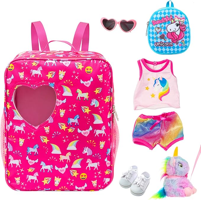 K.T.Fancy 7 PCS 18 inch Dolls Bag Carrier Set and Accessories Including Clothes, Shoes, Sunglasses, Doll Backpack and Toy Unicorn (NO Doll)