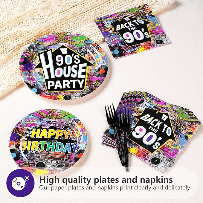 96 Pcs 90's House Party Supplies Disposable 90s Party Paper Plates and Napkins Retro Graffiti Wall Back To The 90' Tableware Set for Men Women 90s Birthday Hip Hop Party Decorations Serves 24